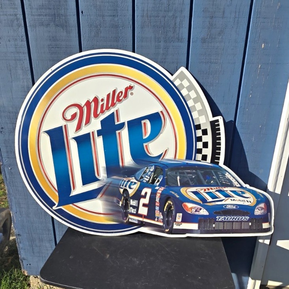 vintage die-cut Miller Lite NASCAR bar sign w/ Rusty Wallace's #2 Ford Taurus